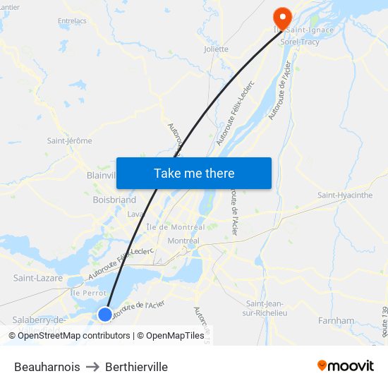 Beauharnois to Berthierville map
