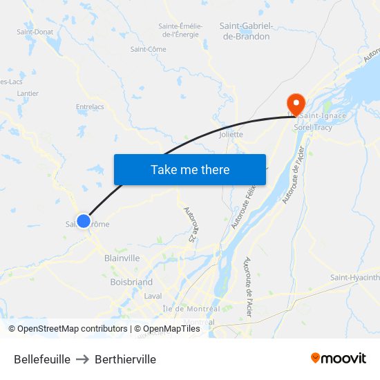 Bellefeuille to Berthierville map