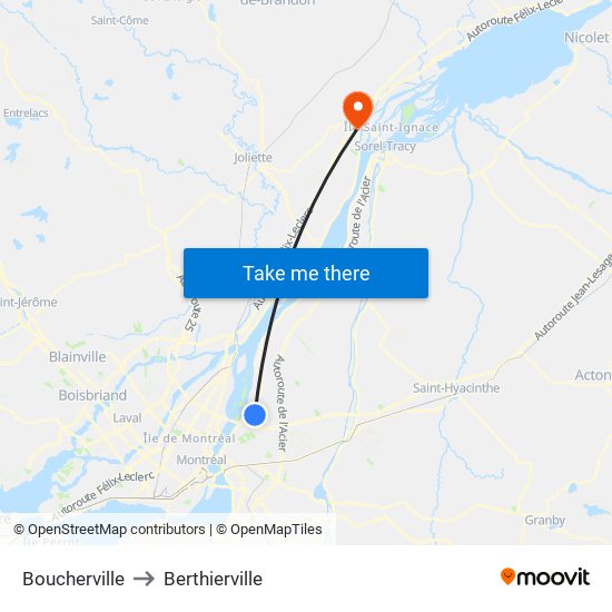 Boucherville to Berthierville map