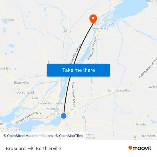 Brossard to Berthierville map