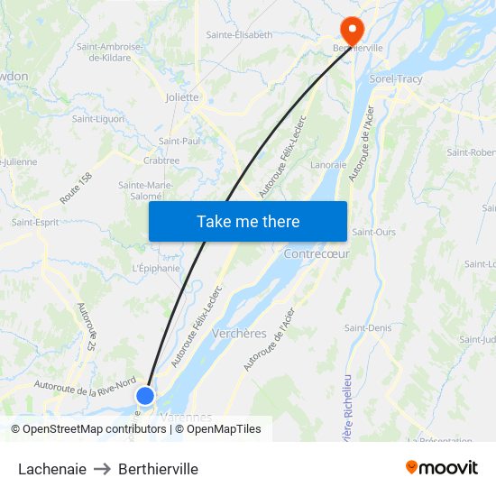 Lachenaie to Berthierville map