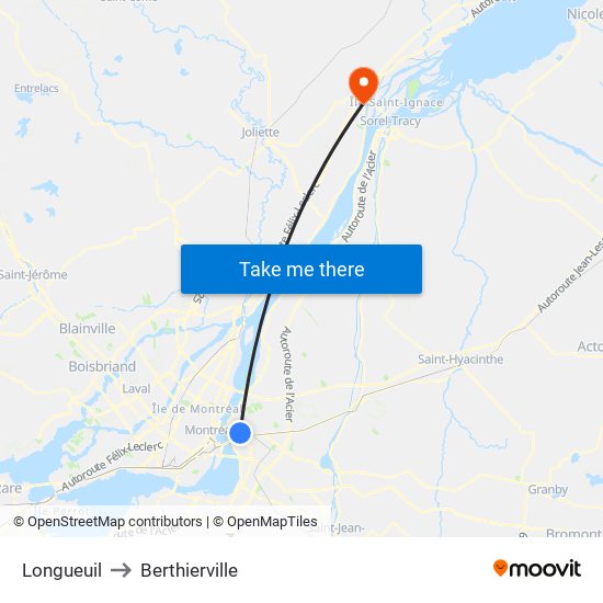 Longueuil to Berthierville map