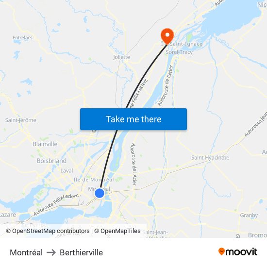 Montréal to Berthierville map