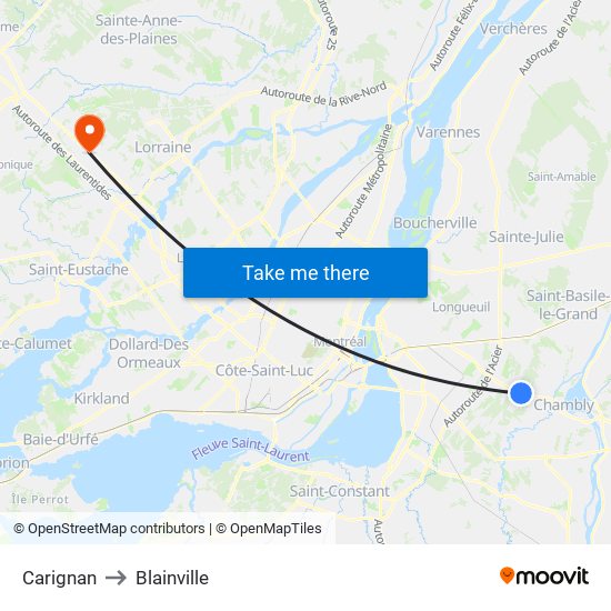 Carignan to Blainville map