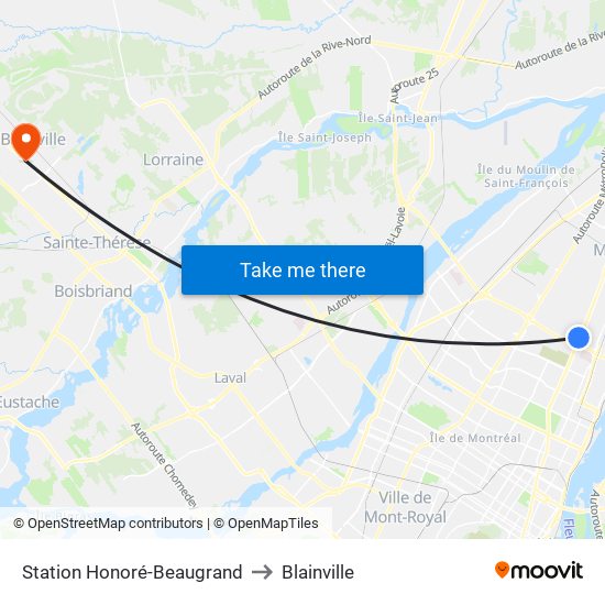 Station Honoré-Beaugrand to Blainville map