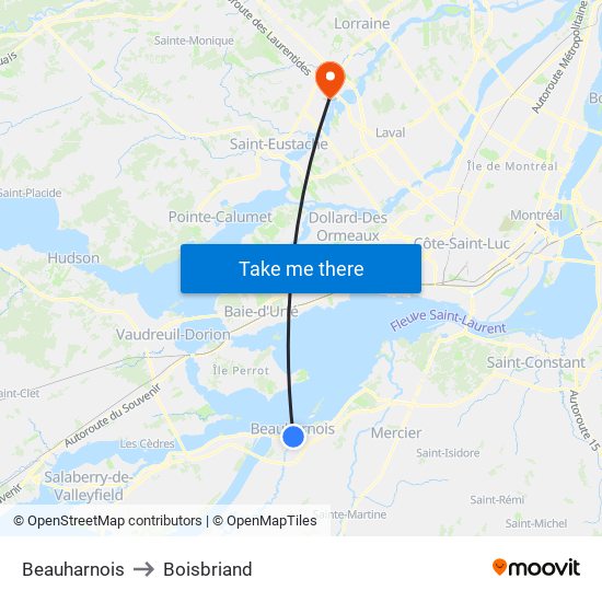 Beauharnois to Boisbriand map
