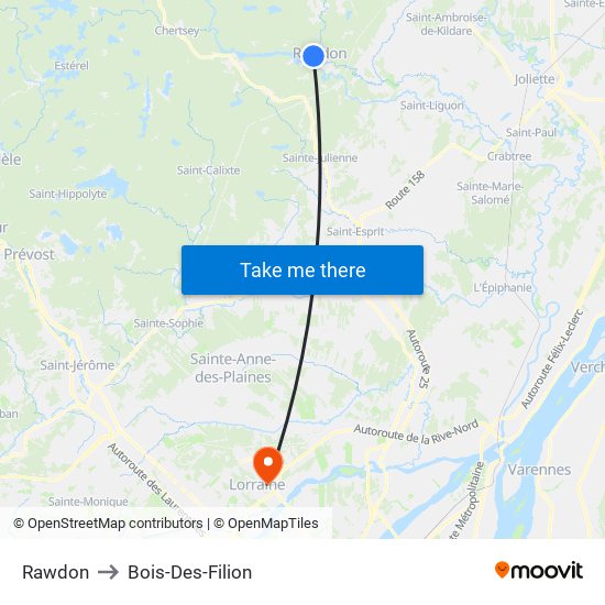 Rawdon to Bois-Des-Filion map