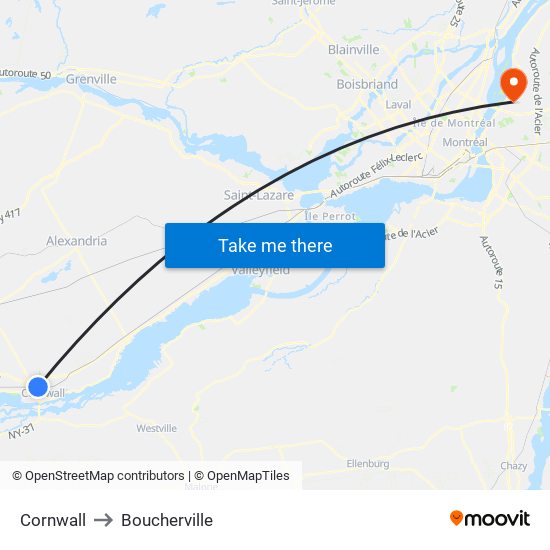Cornwall to Boucherville map
