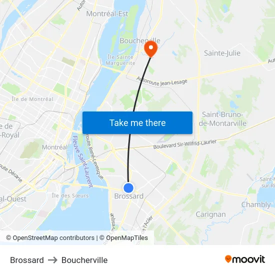 Brossard to Boucherville map