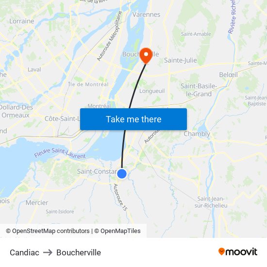 Candiac to Boucherville map