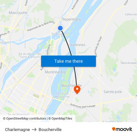 Charlemagne to Boucherville map
