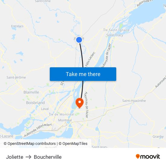 Joliette to Boucherville map