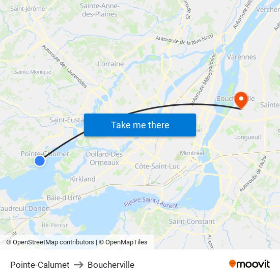 Pointe-Calumet to Boucherville map