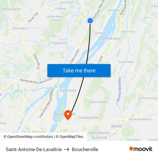 Saint-Antoine-De-Lavaltrie to Boucherville map