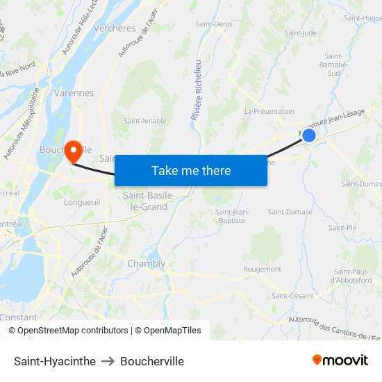 Saint-Hyacinthe to Boucherville map