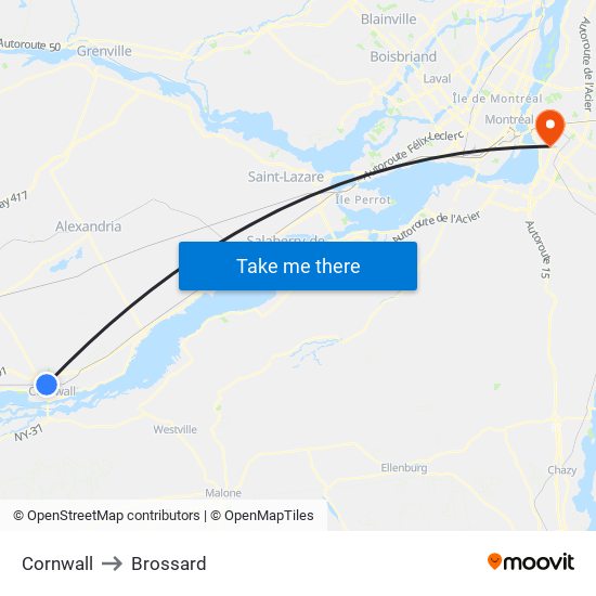 Cornwall to Brossard map