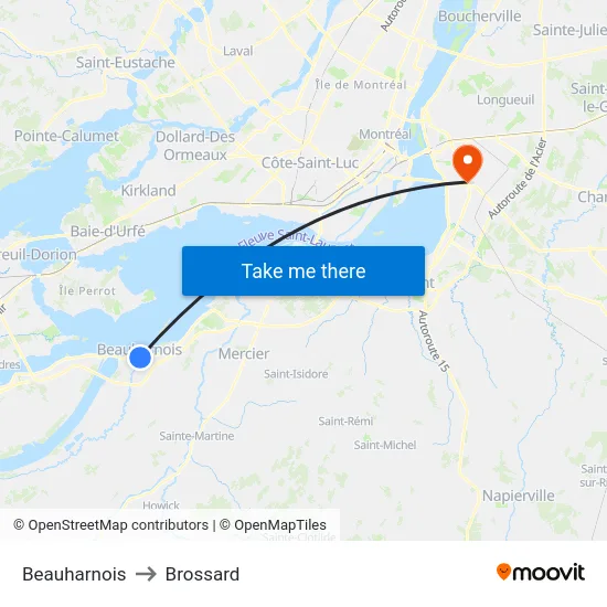 Beauharnois to Brossard map