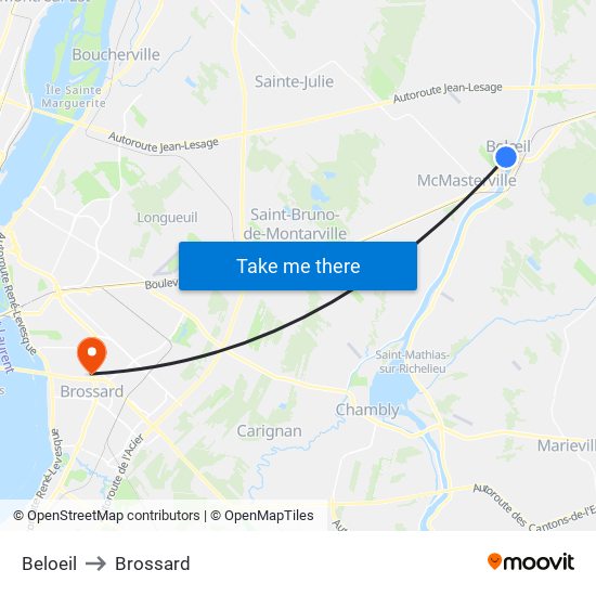 Beloeil to Brossard map