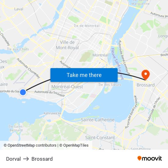 Dorval to Brossard map