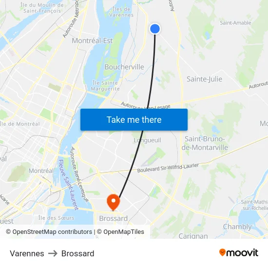 Varennes to Brossard map