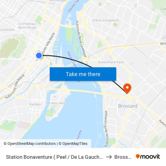 Station Bonaventure ( Peel / De La Gauchetière) to Brossard map