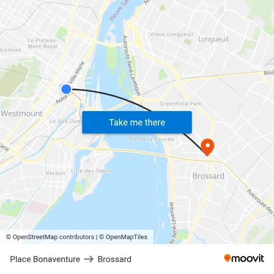 Place Bonaventure to Brossard map