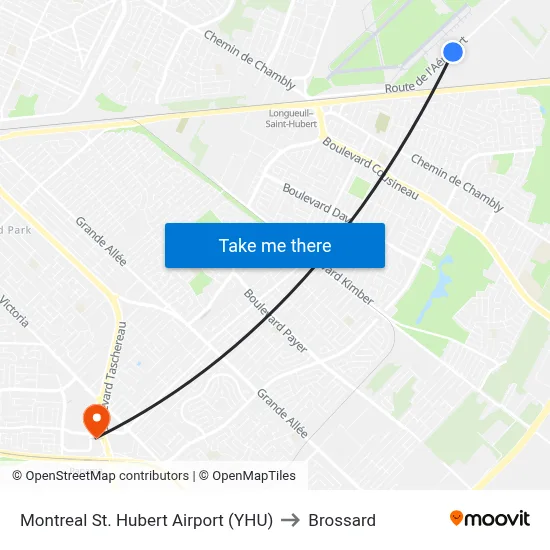Montreal St. Hubert Airport (YHU) to Brossard map