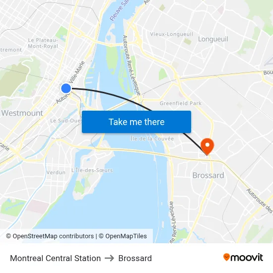 Montreal Central Station to Brossard map