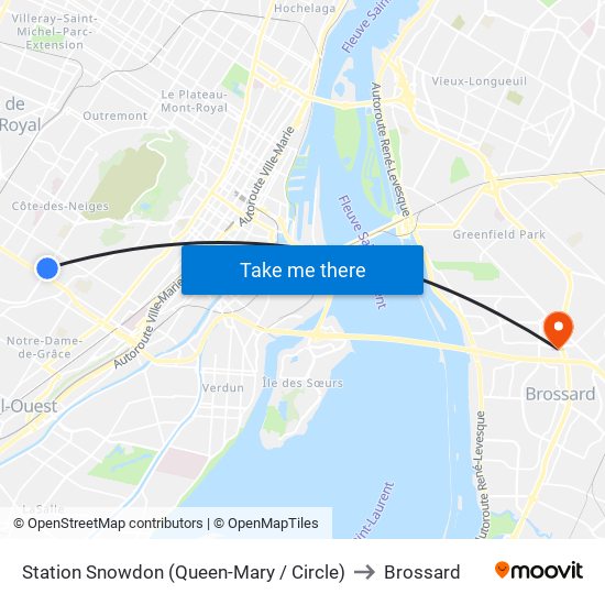 Station Snowdon (Queen-Mary / Circle) to Brossard map