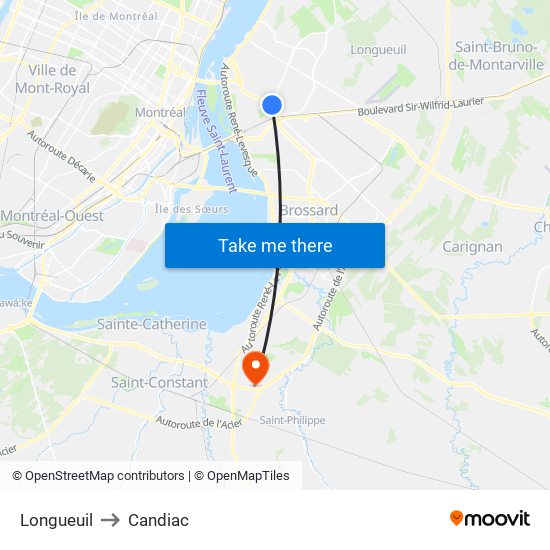 Longueuil to Candiac map