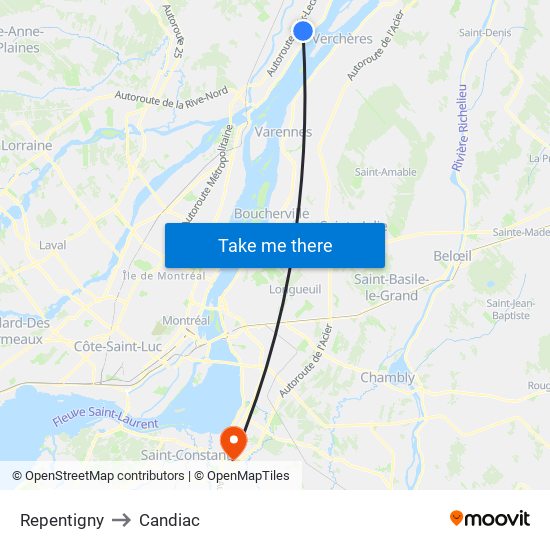 Repentigny to Candiac map