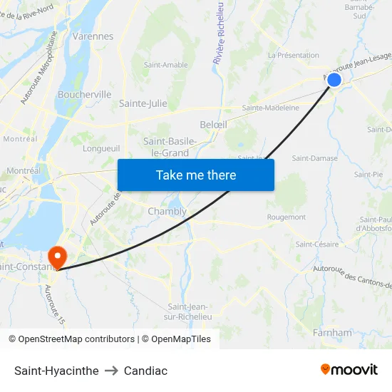 Saint-Hyacinthe to Candiac map