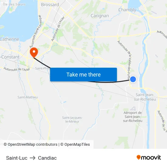 Saint-Luc to Candiac map