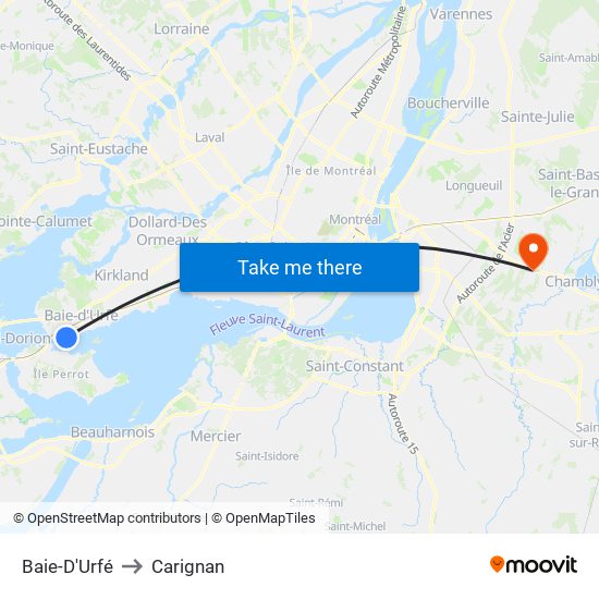 Baie-D'Urfé to Carignan map