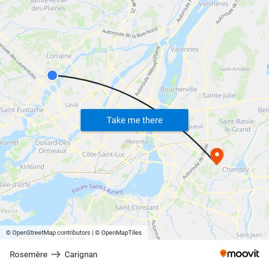 Rosemère to Carignan map