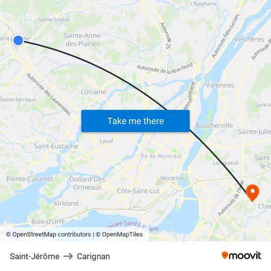 Saint-Jérôme to Carignan map
