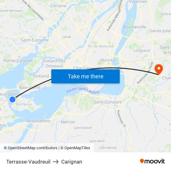 Terrasse-Vaudreuil to Carignan map