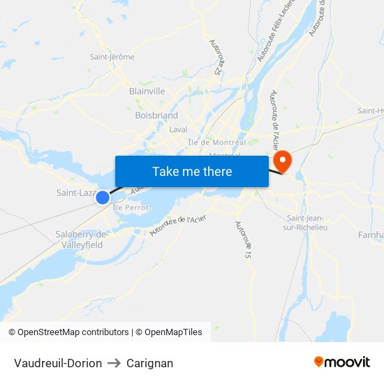 Vaudreuil-Dorion to Carignan map