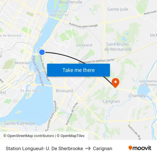 Station Longueuil- U. De Sherbrooke to Carignan map