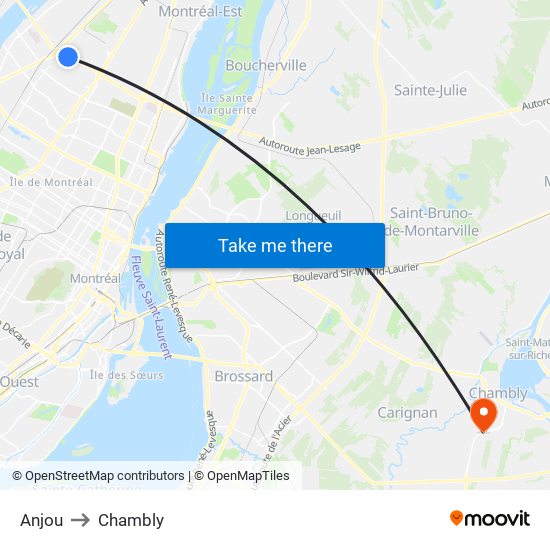 Anjou to Chambly map