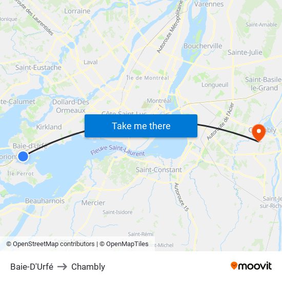 Baie-D'Urfé to Chambly map