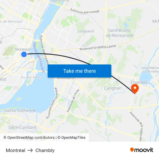 Montréal to Chambly map