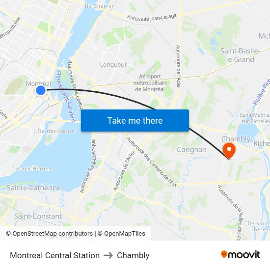 Montreal Central Station to Chambly map
