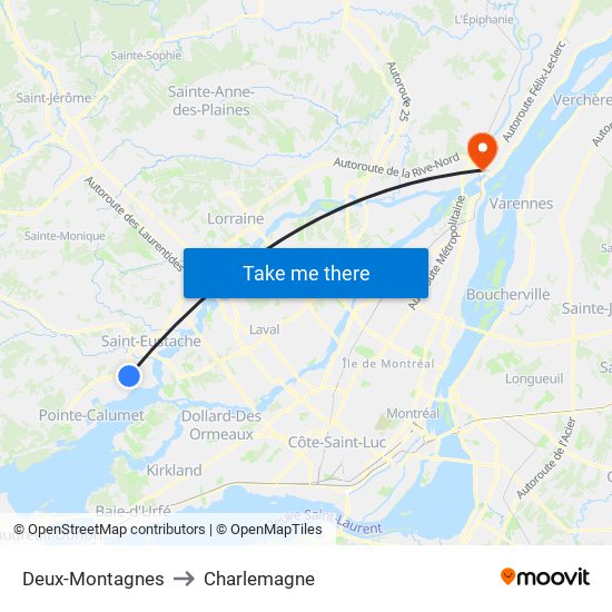 Deux-Montagnes to Charlemagne map