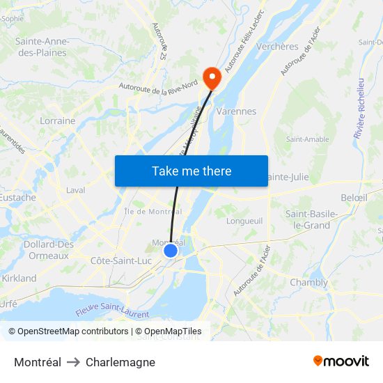 Montréal to Charlemagne map