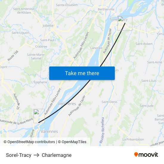 Sorel-Tracy to Charlemagne map