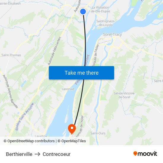 Berthierville to Contrecoeur map