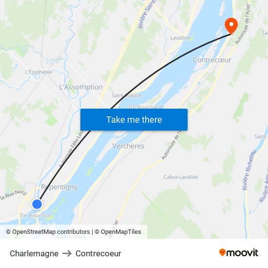 Charlemagne to Contrecoeur map