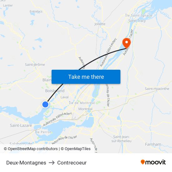 Deux-Montagnes to Contrecoeur map