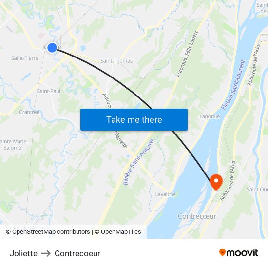 Joliette to Contrecoeur map